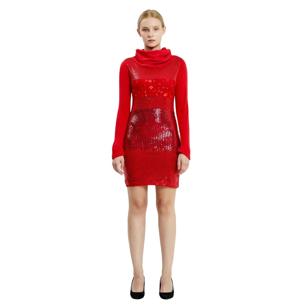 Red Sequin Cowl Neck Bodycon Dress Long Sleeve European Knitwear Mini